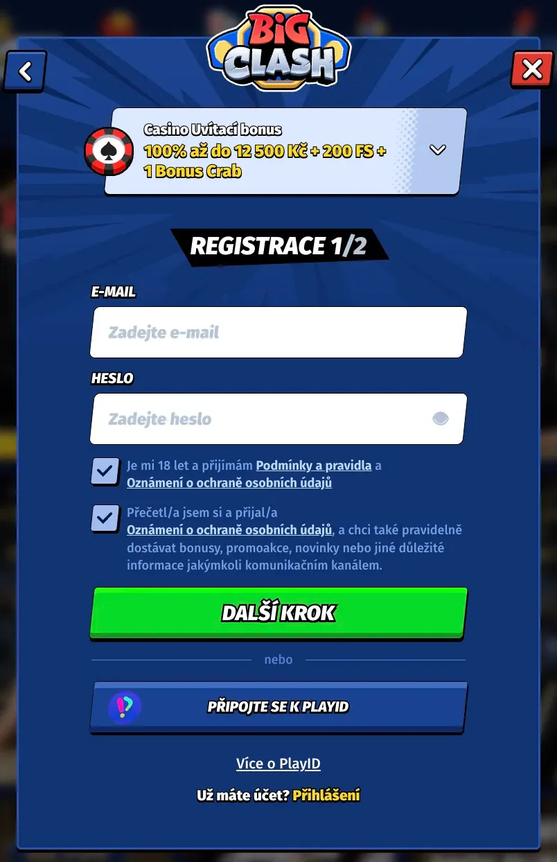 Registrační formulář v kasinu Bigclash
